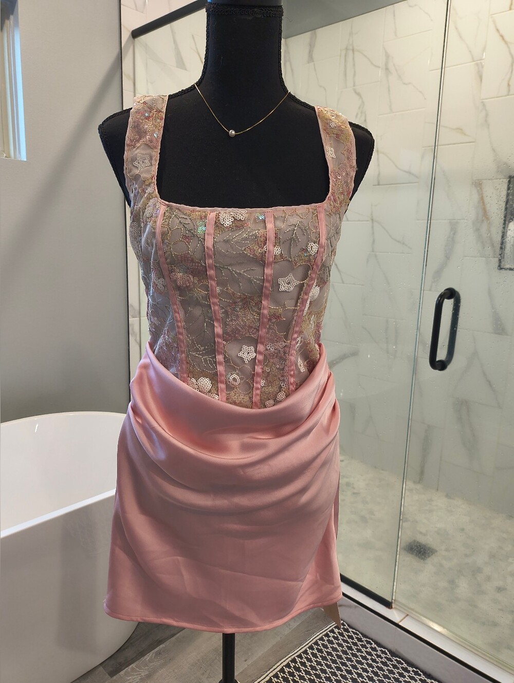 Pink Satin & Lace Evening Dress